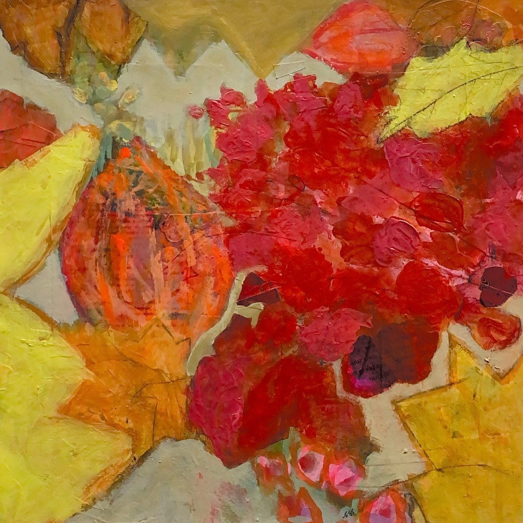 Colorful mixed media painting using acrylic paint and collage