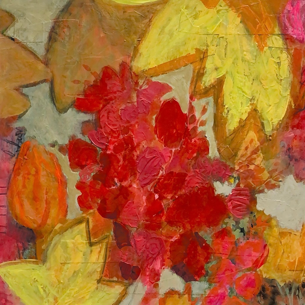 Colorful mixed media painting using acrylic paint and collage